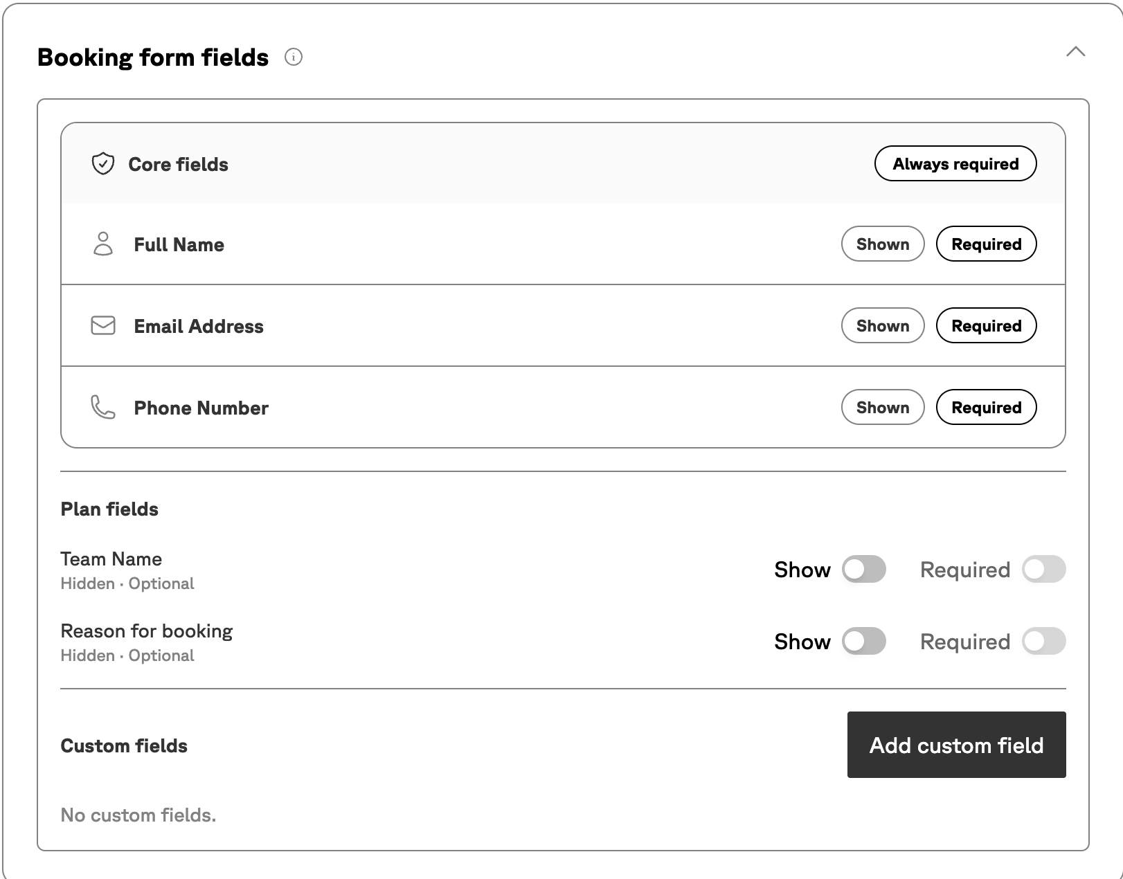 Clinic booking form field configuration with core, plan, and custom fields for attendee registration