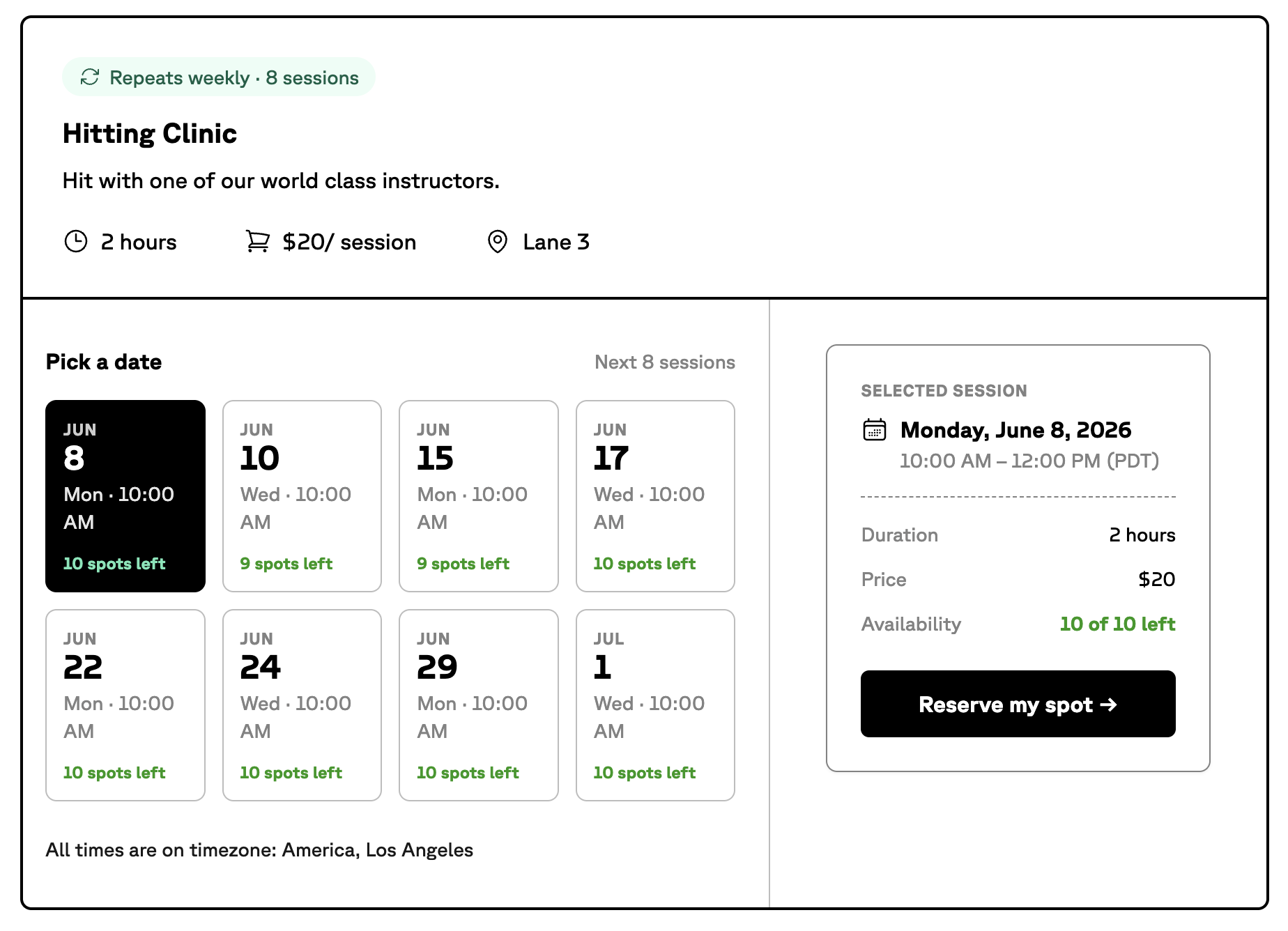 Clinic booking UI for a weekly Hitting Clinic showing session dates, pricing, availability, and a reserve spot button