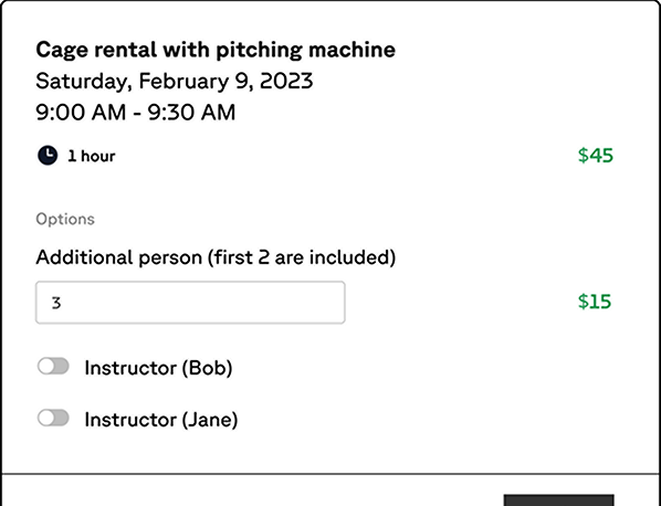Cage rental booking interface