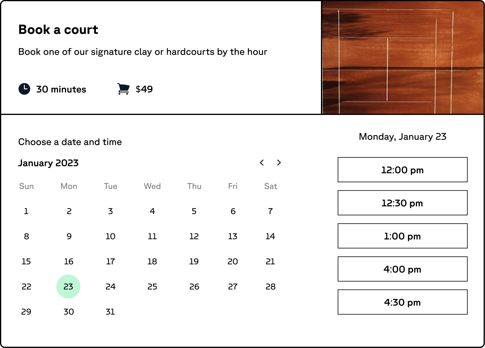 Book a court booking interface
