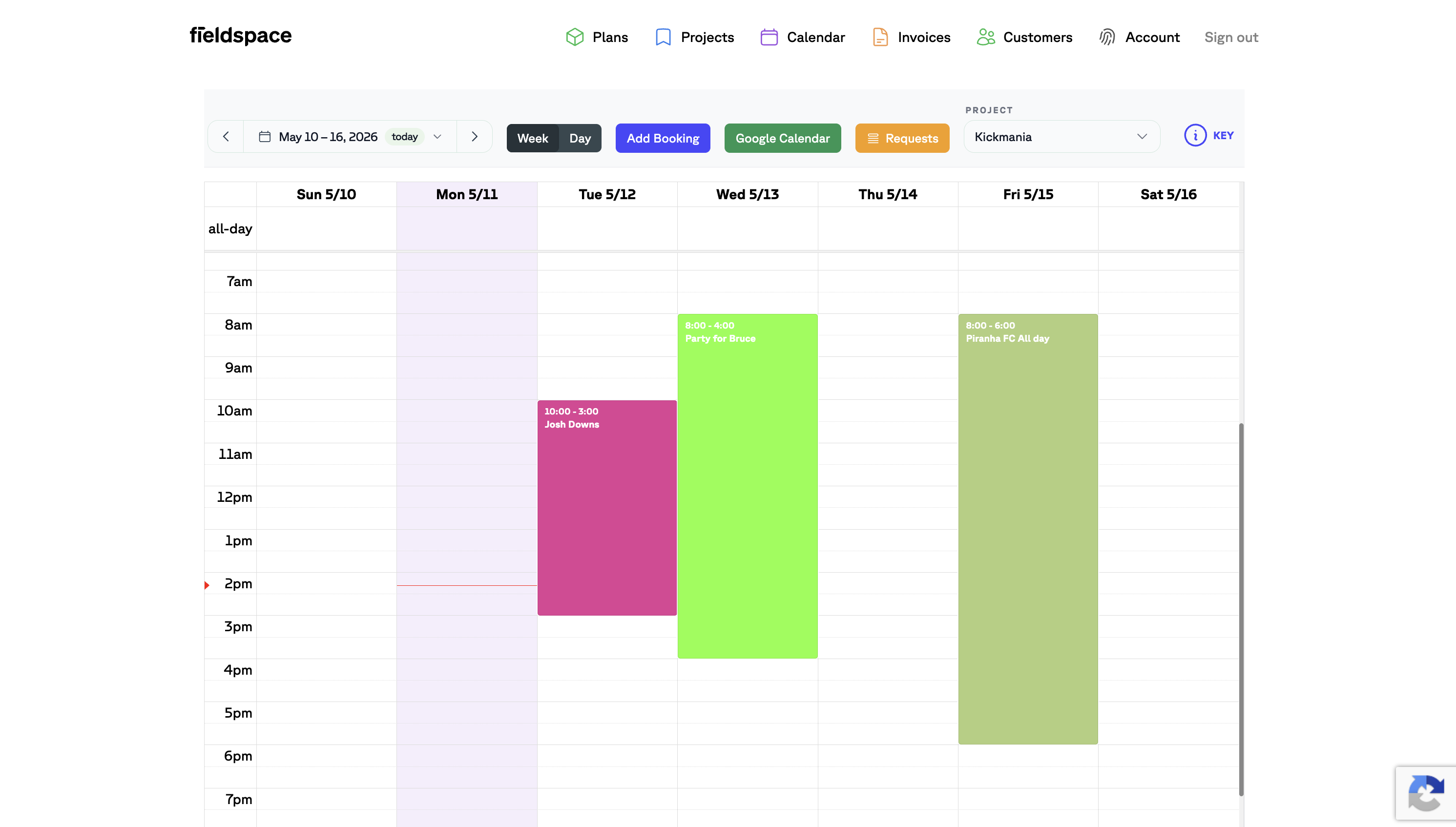 Fieldspace calendar showing weekly bookings with color-coded events