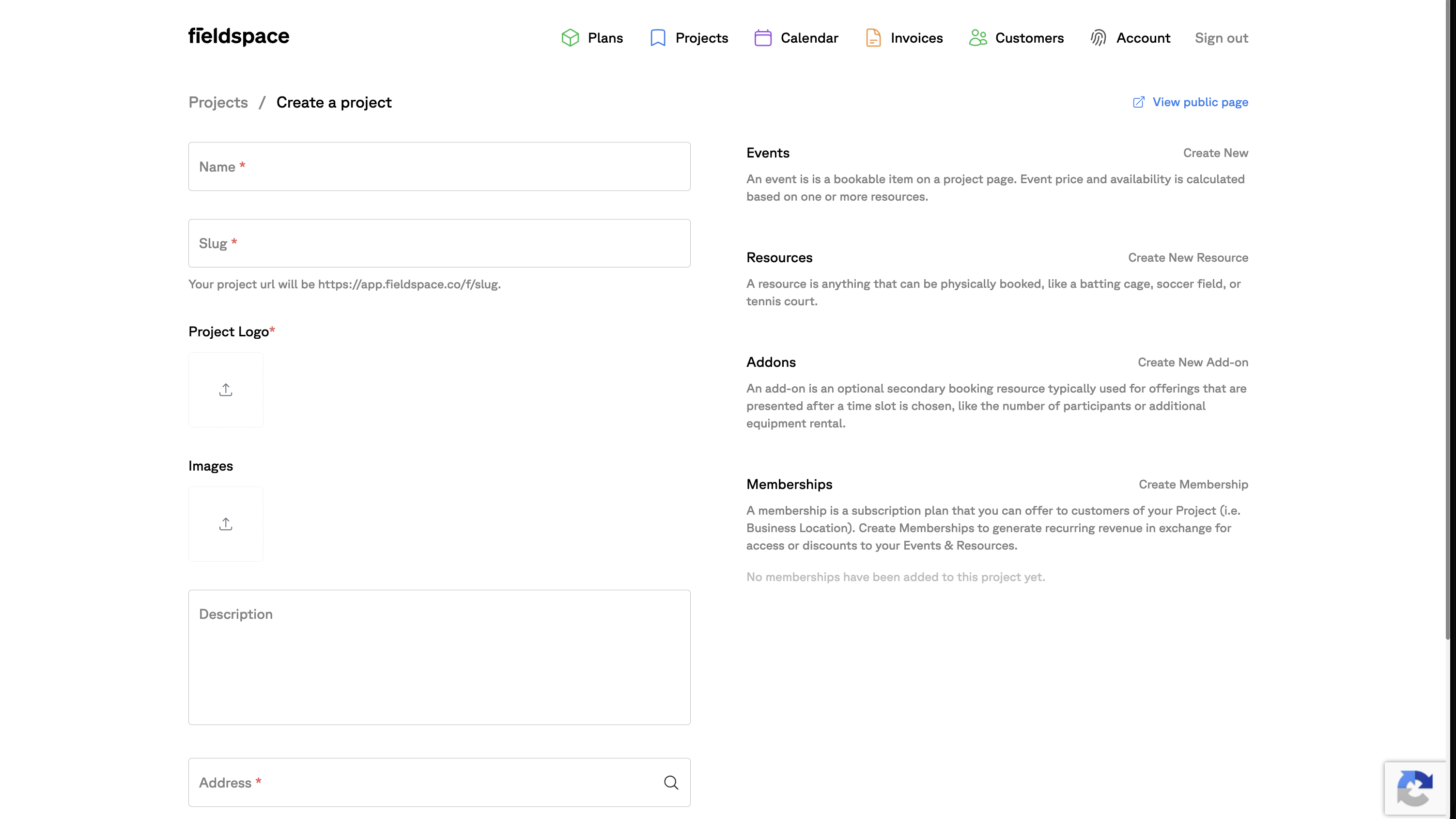 Fieldspace Create a Project page showing the form fields and entity definitions