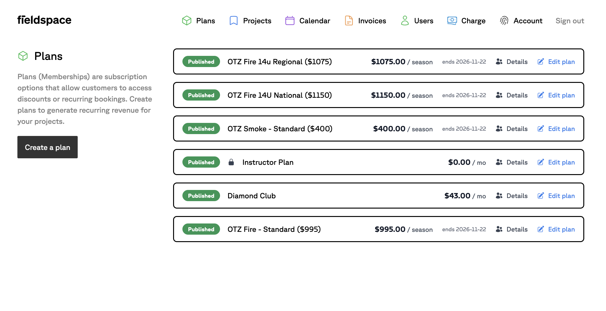 The Fieldspace Plans screen listing published membership plans, with monthly and per-season prices, end dates, and Edit plan buttons