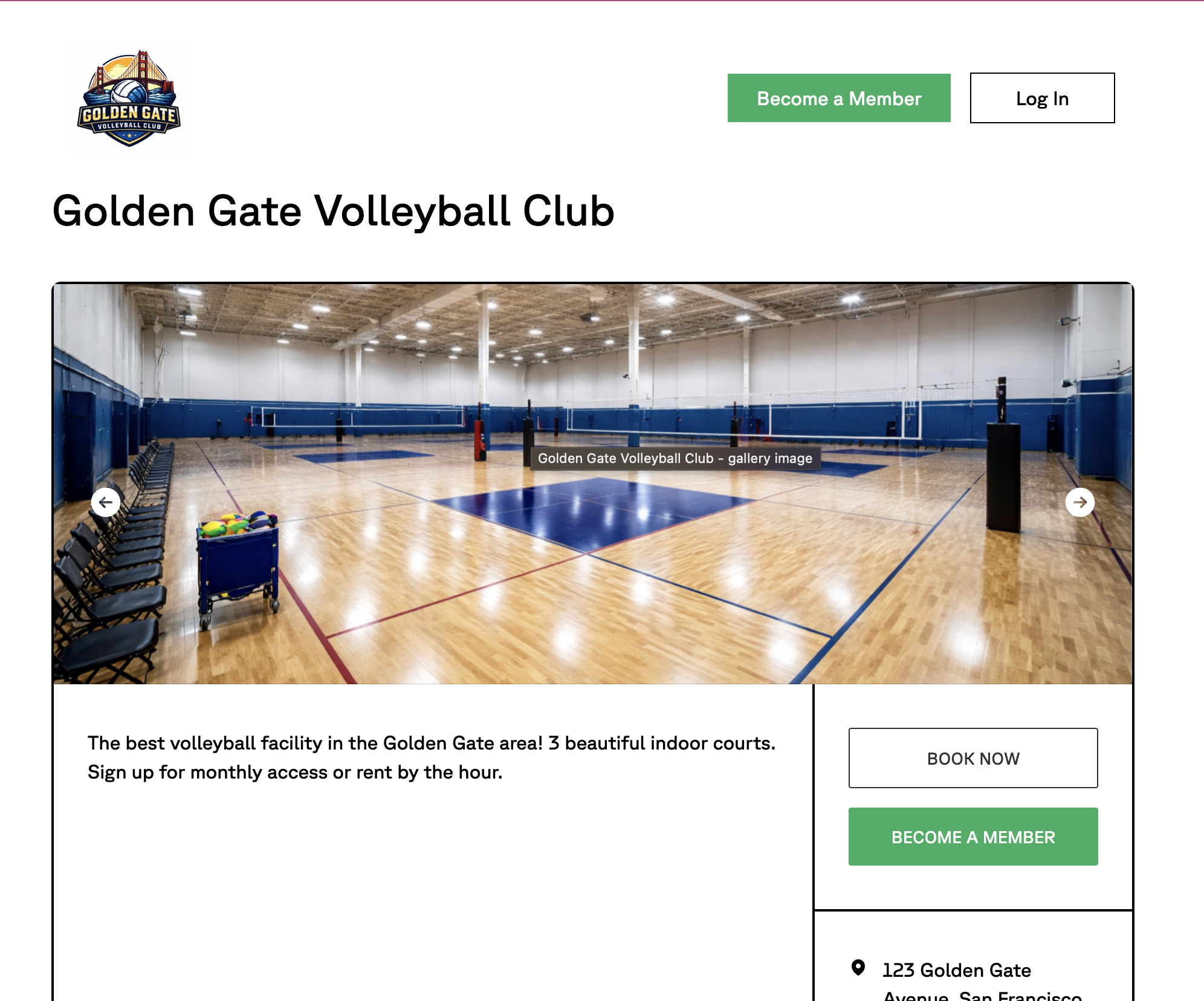 Public Fieldspace booking page for Golden Gate Volleyball Club, showing the club's indoor court gallery, location, and Book Now and Become a Member calls to action