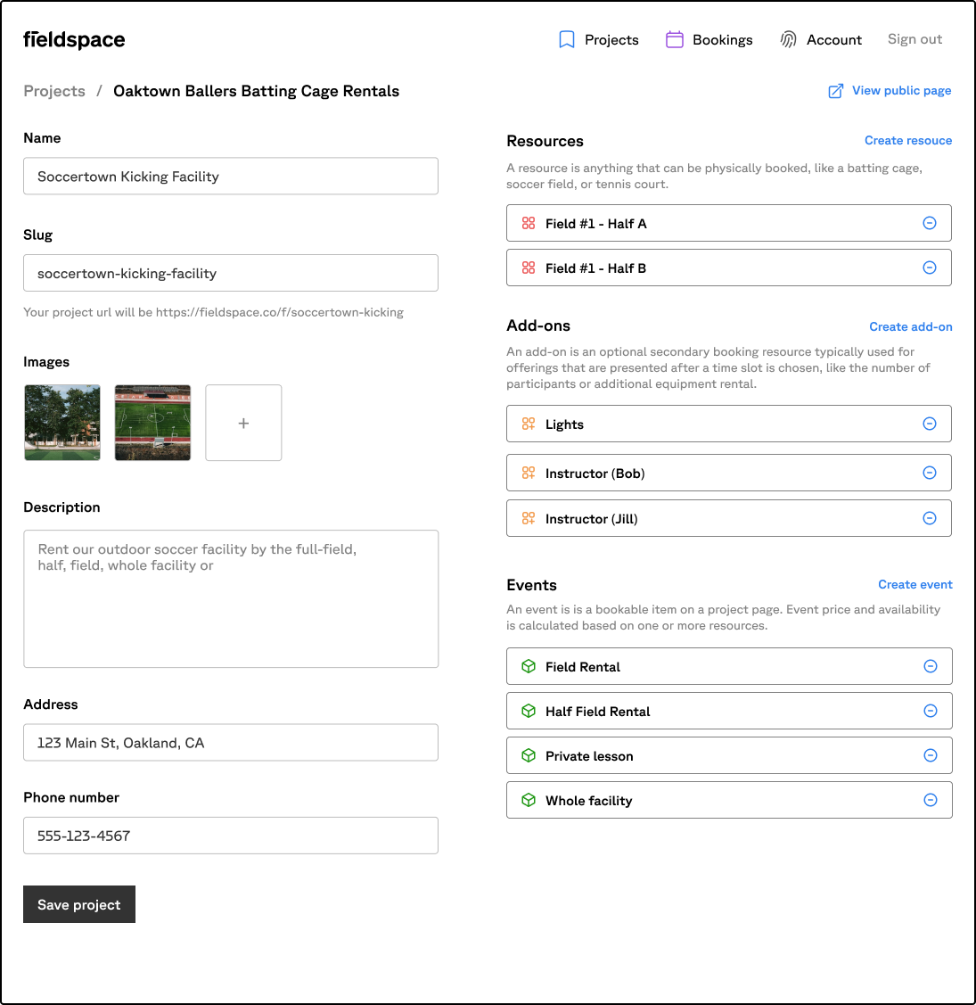 Soccer field booking interface showing field configuration selection, date picker, and available time slots