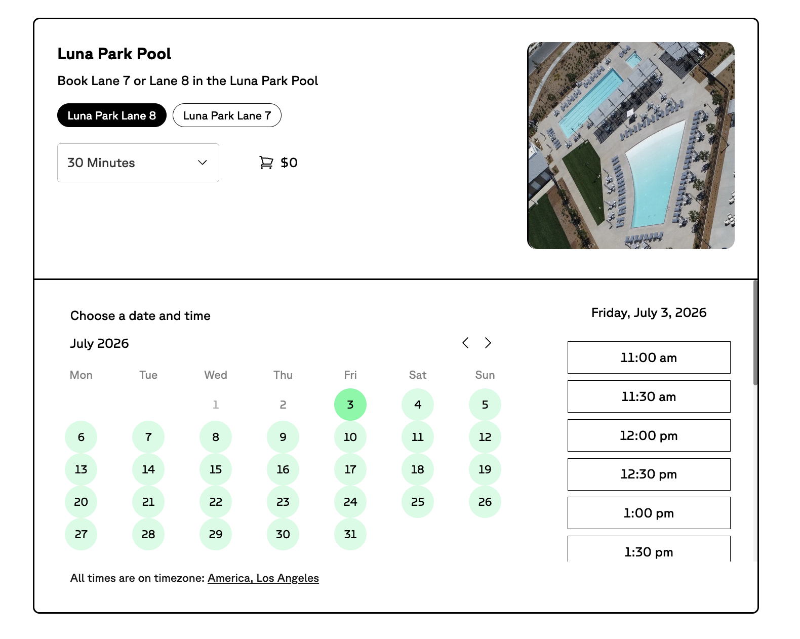 Online lap swim and lane booking Online lap swim and lane booking interface showing Luna Park Pool lane selection, 30-minute duration, and a date and time picker