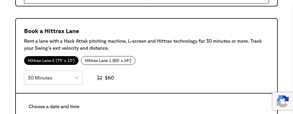 OTZ HitTrax lane listing in Fieldspace, showing the included Hack Attack pitching machine, duration, and rental price
