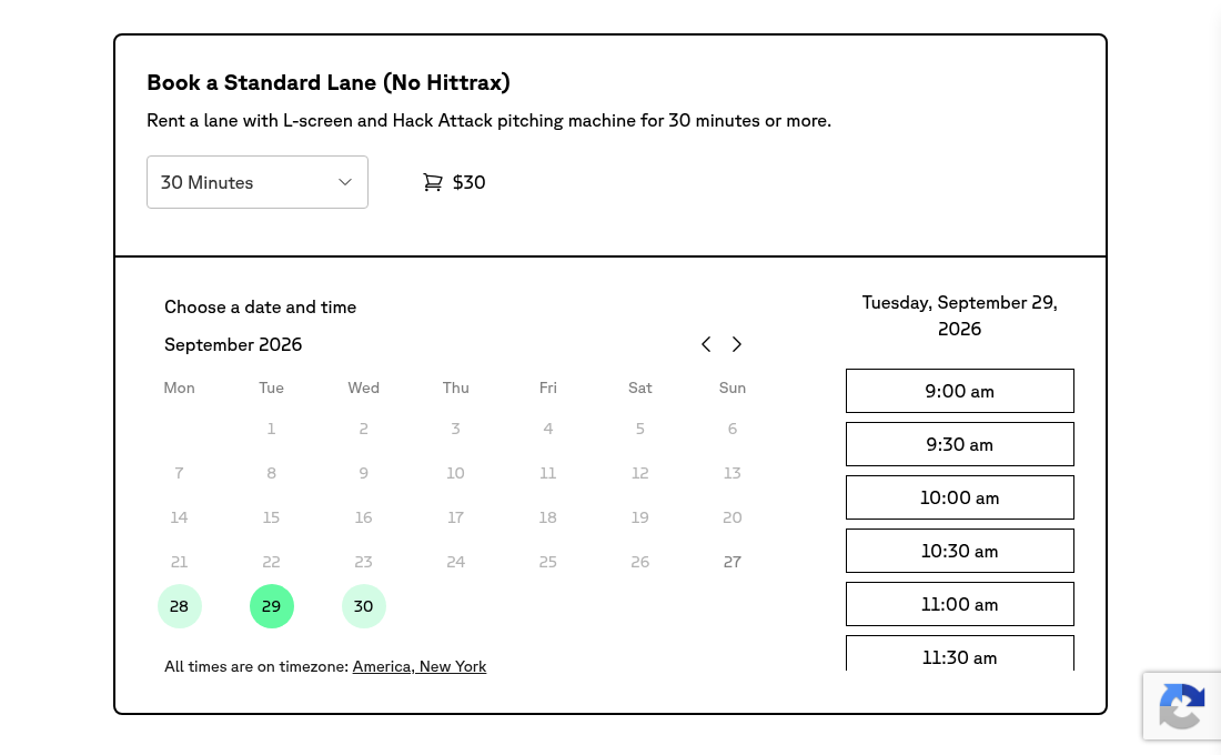 OTZ batting lane booking on Fieldspace, showing the rental price, calendar, and available times