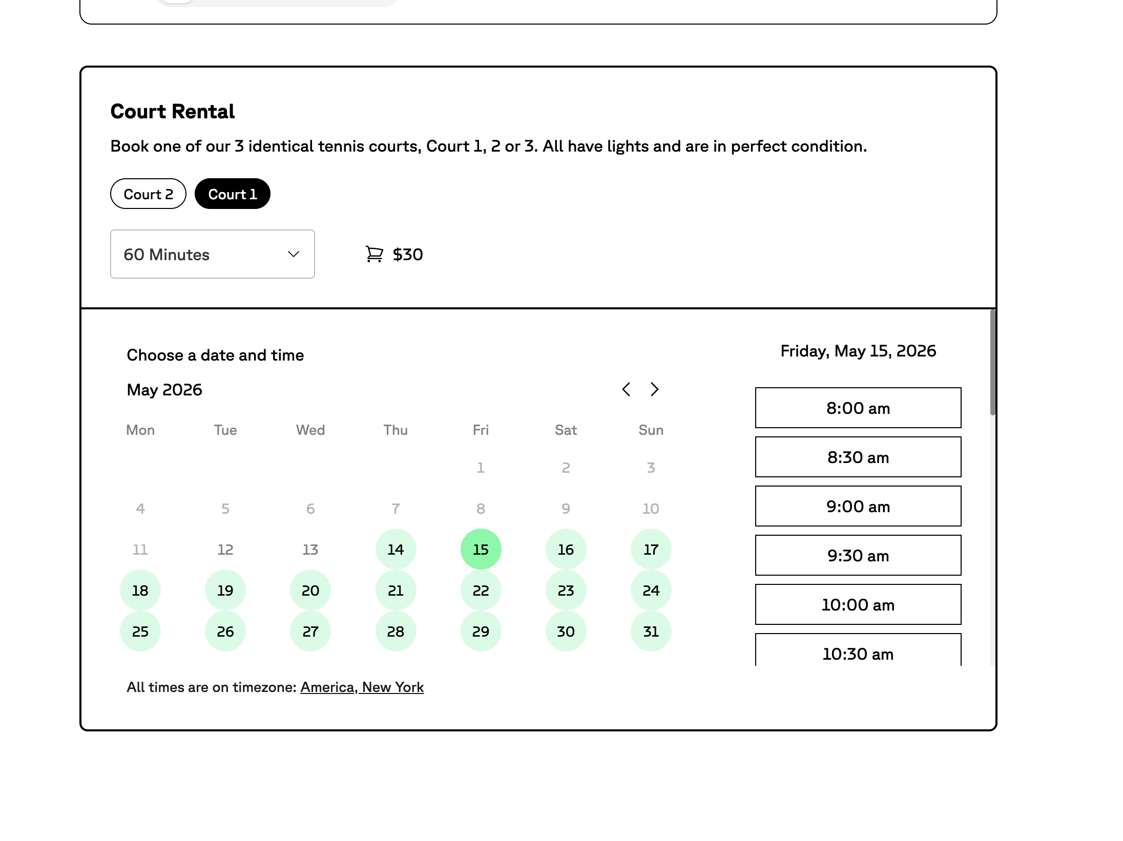 Tennis court rental booking interface showing court selection, date picker, and available time slots