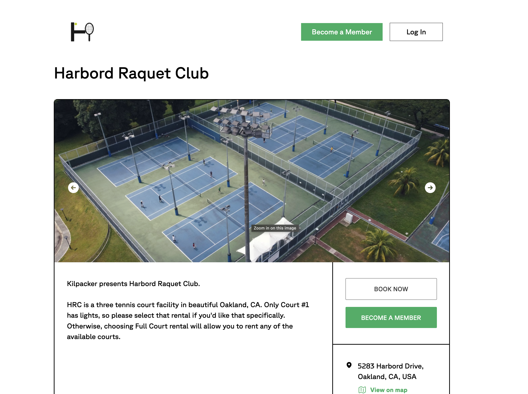 Fieldspace tennis court booking software: a club's online booking page showing tennis court availability, a Book Now button, and one-tap membership sign-up