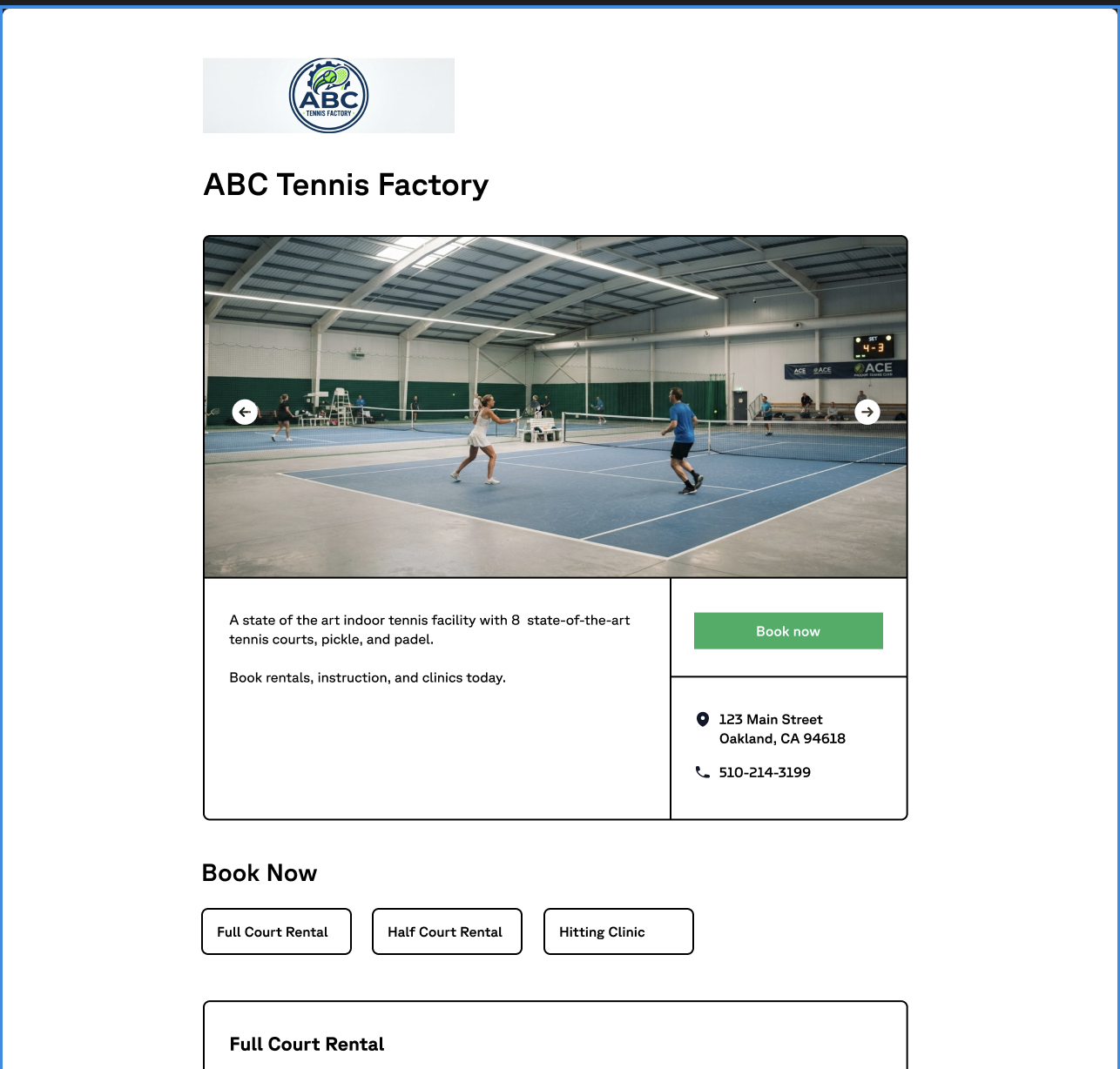 Fieldspace public booking page for a tennis facility offering court rentals, instruction, and clinics